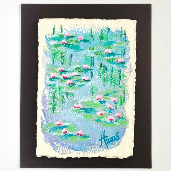 Lilies and Willows Original Acrylic Painting Handmade Paper 8x10in Frame Ready - Picture 2 of 7